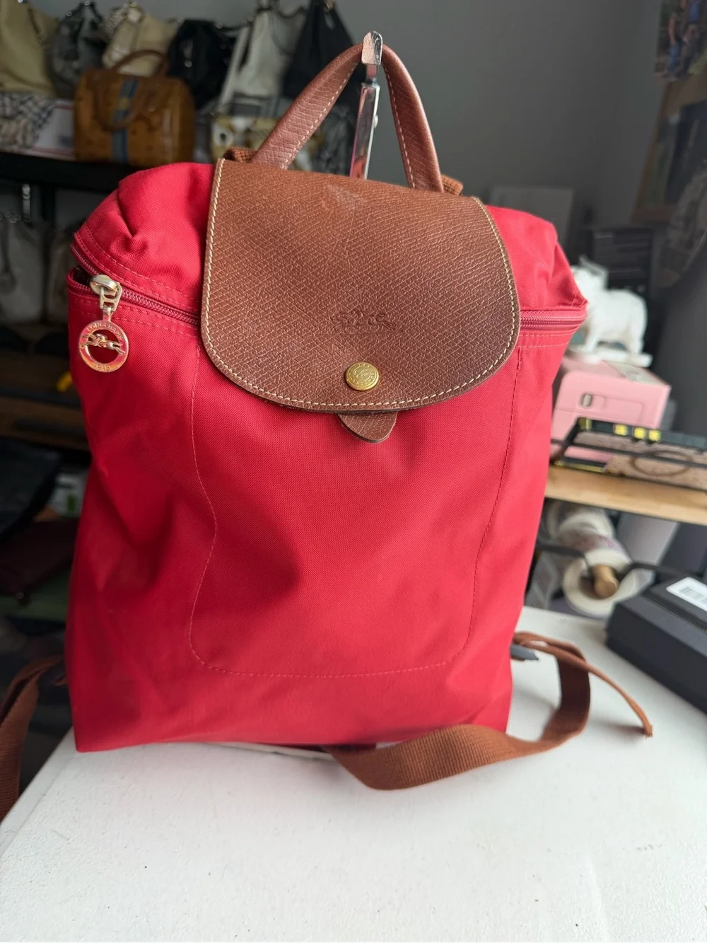 Longchamp Le Pliage Red Backpack with Brown Trim